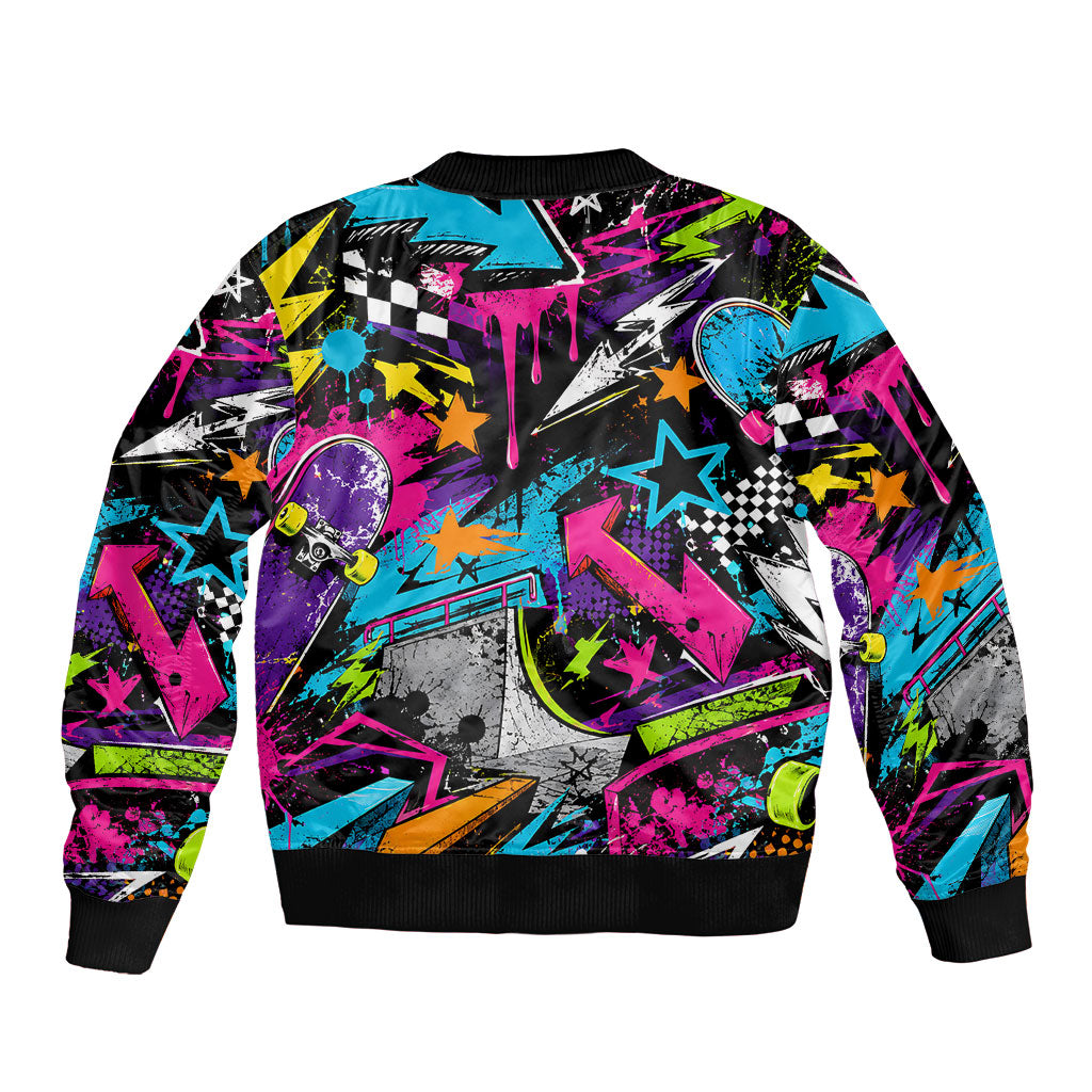 Skateboarding Monkey Bomber Jacket Neon Graffiti Spray Paint Urban Streetwear Art