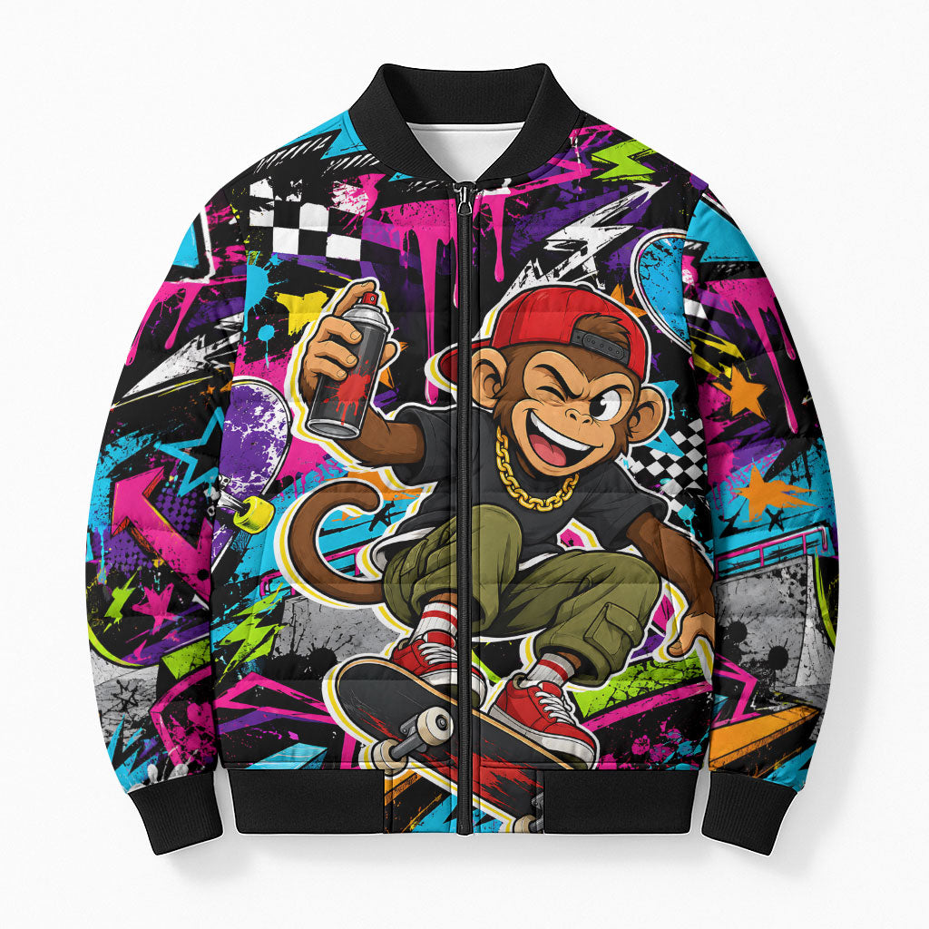 Skateboarding Monkey Bomber Puffer Jacket Neon Graffiti Spray Paint Urban Streetwear Art