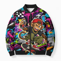 Skateboarding Monkey Bomber Puffer Jacket Neon Graffiti Spray Paint Urban Streetwear Art
