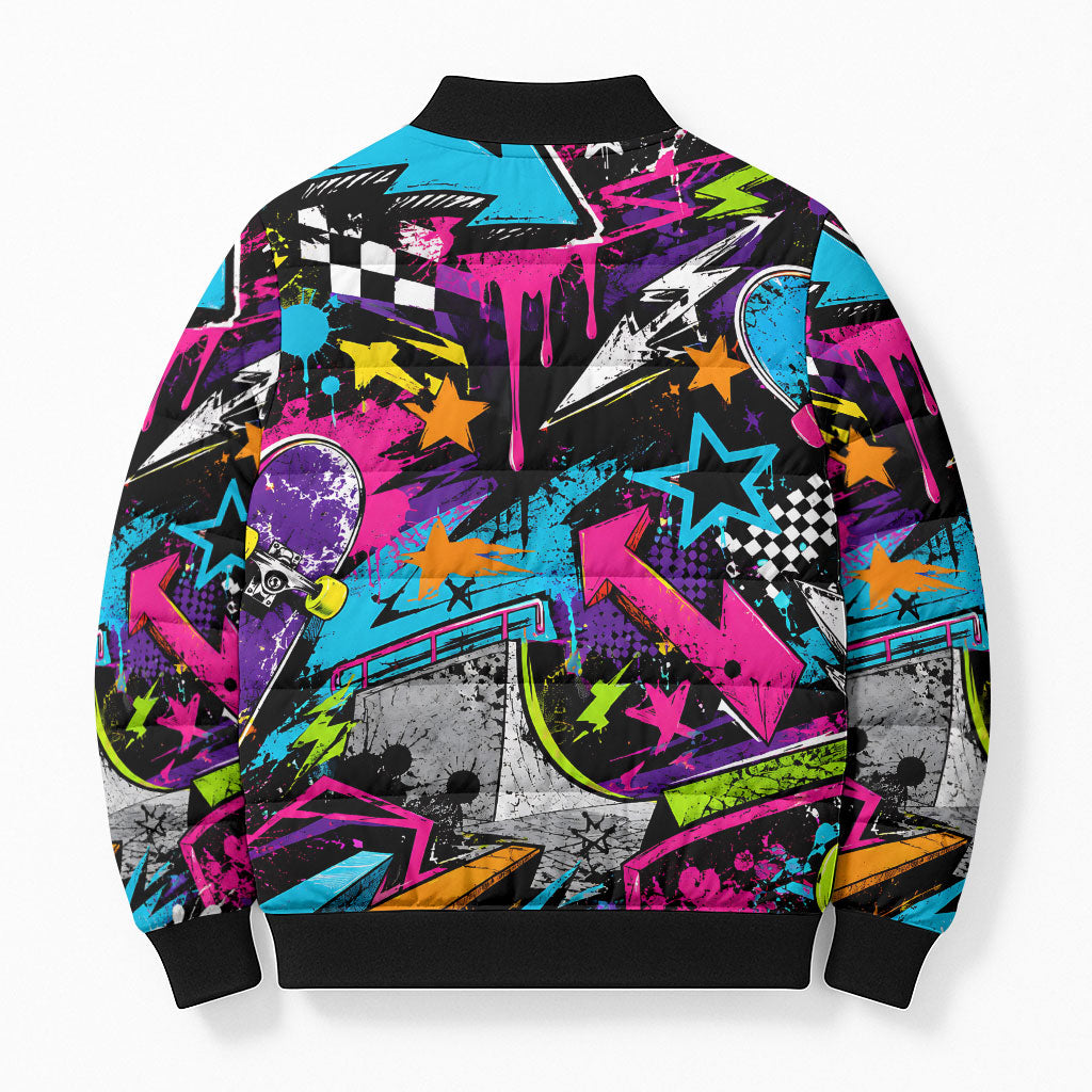 Skateboarding Monkey Bomber Puffer Jacket Neon Graffiti Spray Paint Urban Streetwear Art