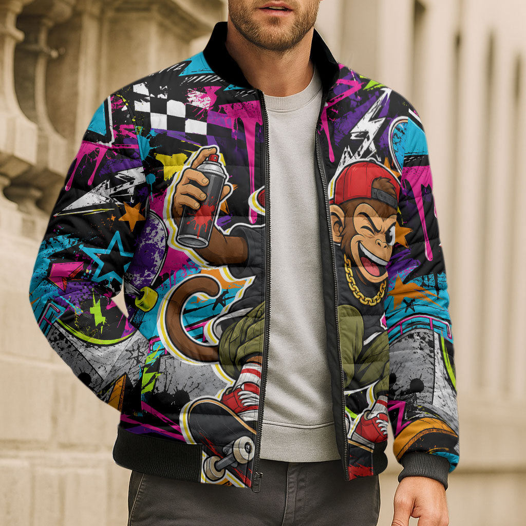 Skateboarding Monkey Bomber Puffer Jacket Neon Graffiti Spray Paint Urban Streetwear Art