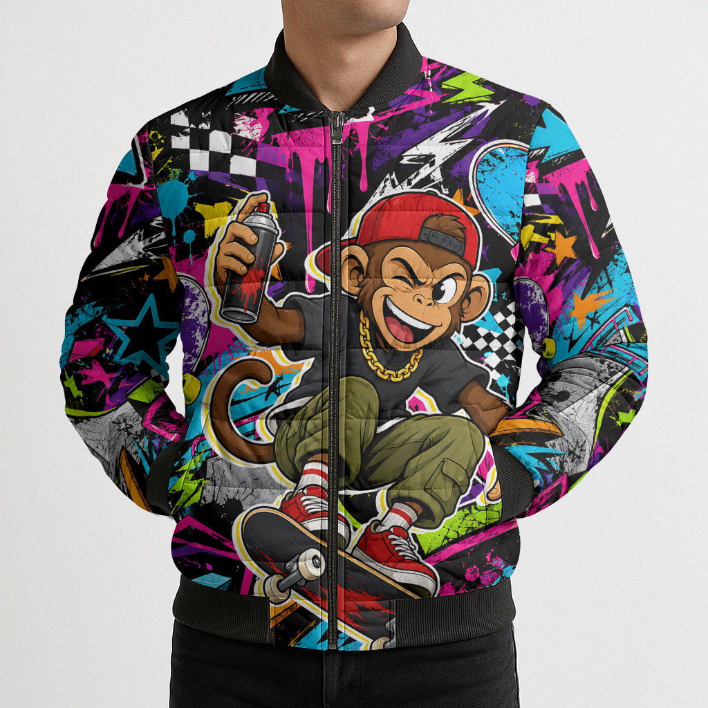 Skateboarding Monkey Bomber Puffer Jacket Neon Graffiti Spray Paint Urban Streetwear Art