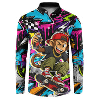Skateboarding Monkey Button Sweatshirt Neon Graffiti Spray Paint Urban Streetwear Art