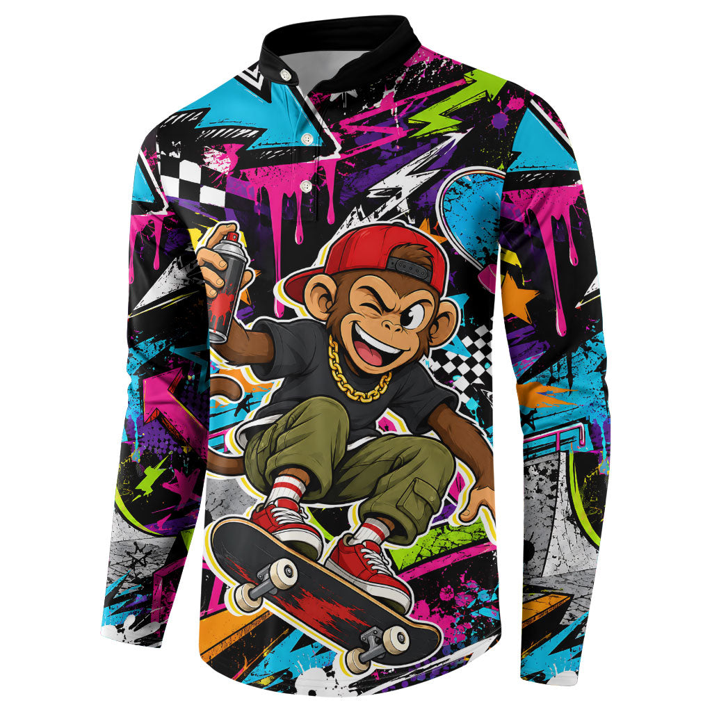 Skateboarding Monkey Button Sweatshirt Neon Graffiti Spray Paint Urban Streetwear Art