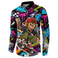 Skateboarding Monkey Button Sweatshirt Neon Graffiti Spray Paint Urban Streetwear Art