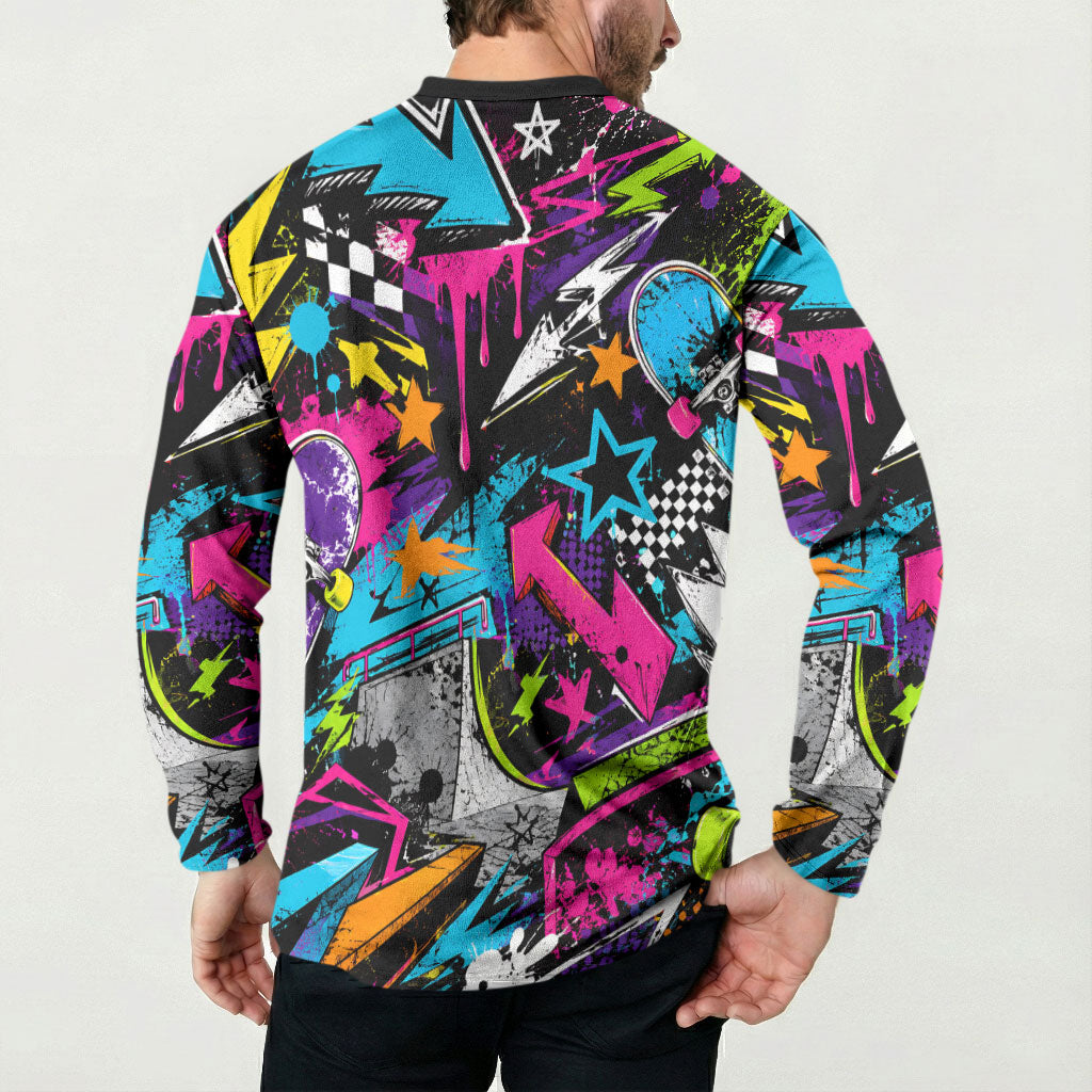 Skateboarding Monkey Button Sweatshirt Neon Graffiti Spray Paint Urban Streetwear Art