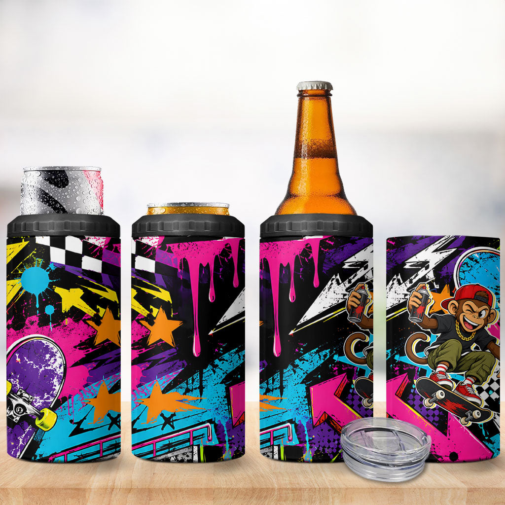 Skateboarding Monkey 4 in 1 Can Cooler Tumbler Neon Graffiti Spray Paint Urban Streetwear Art