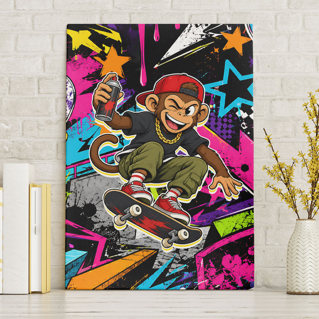 Skateboarding Monkey Canvas Wall Art Neon Graffiti Spray Paint Urban Streetwear Art