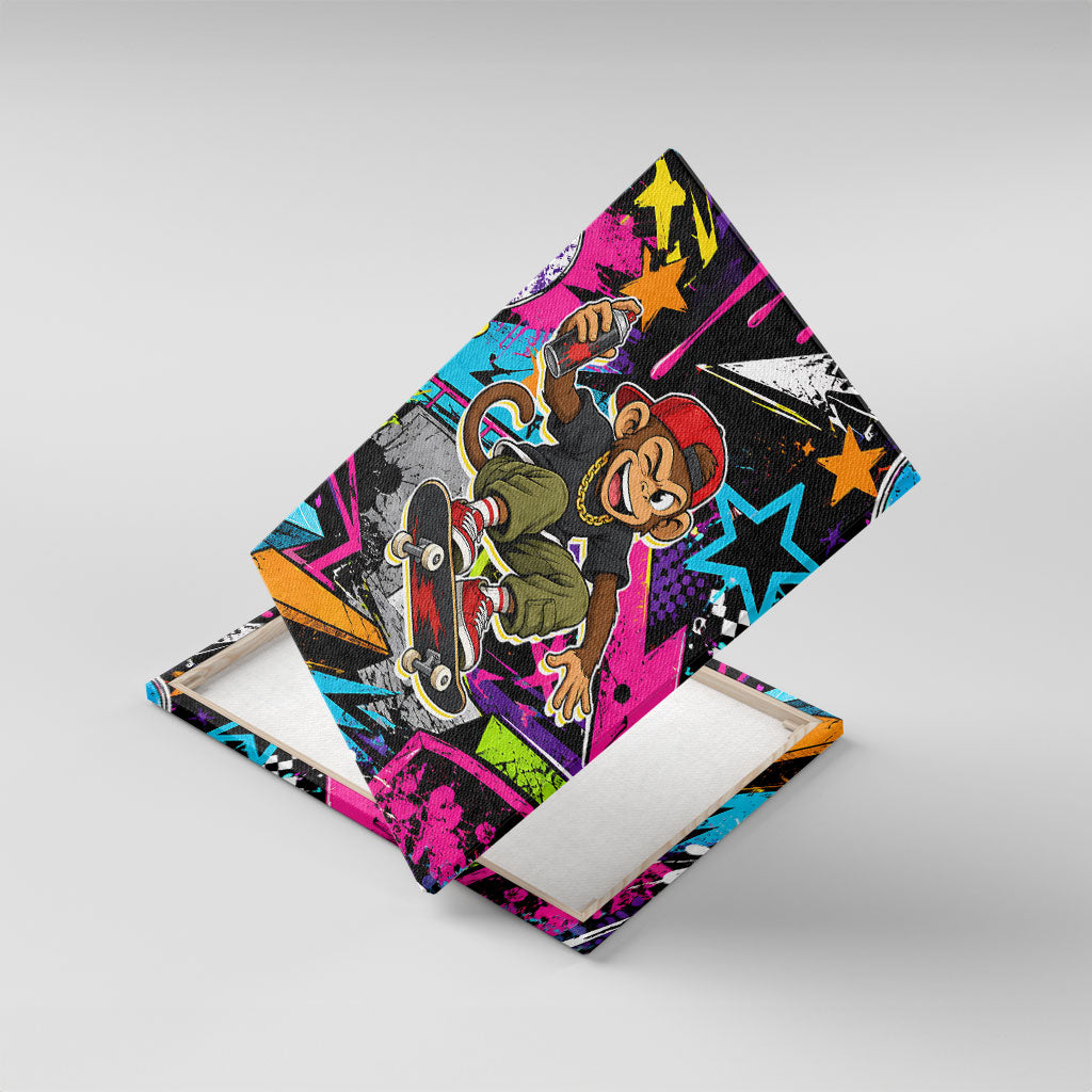 Skateboarding Monkey Canvas Wall Art Neon Graffiti Spray Paint Urban Streetwear Art