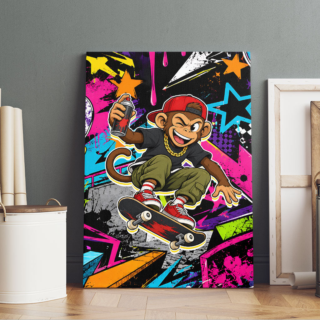 Skateboarding Monkey Canvas Wall Art Neon Graffiti Spray Paint Urban Streetwear Art