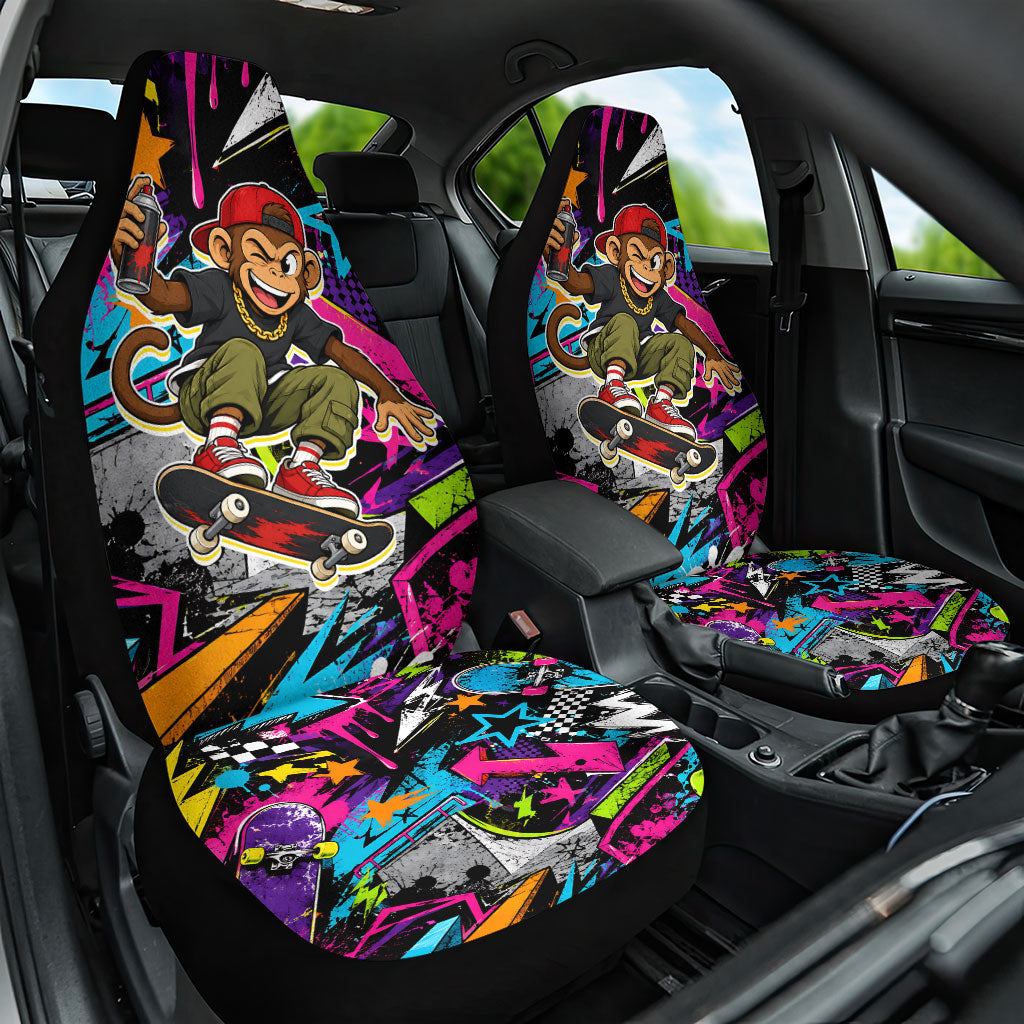 Skateboarding Monkey Car Seat Cover Neon Graffiti Spray Paint Urban Streetwear Art