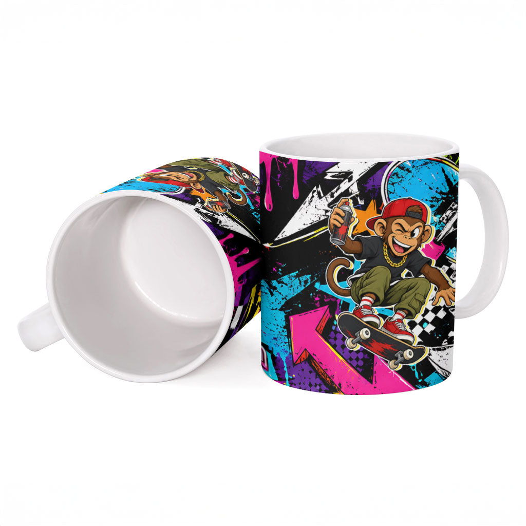 Skateboarding Monkey Ceramic Mug Neon Graffiti Spray Paint Urban Streetwear Art