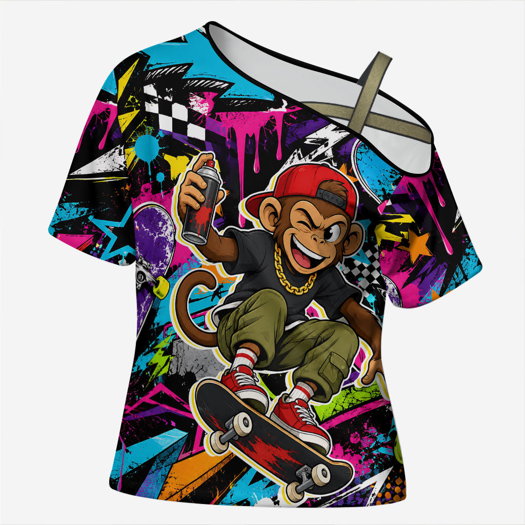 Skateboarding Monkey Cross Shoulder Shirt Neon Graffiti Spray Paint Urban Streetwear Art