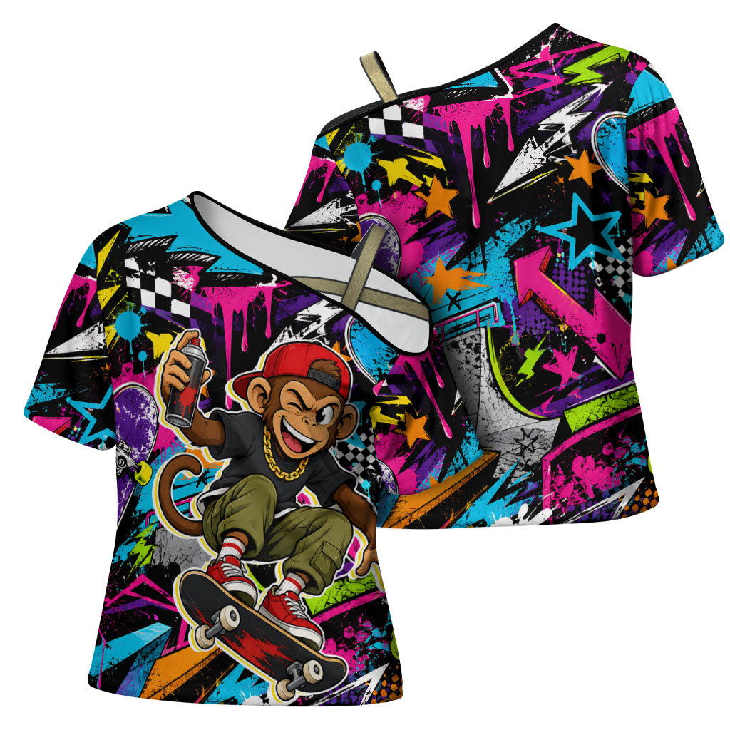 Skateboarding Monkey Cross Shoulder Shirt Neon Graffiti Spray Paint Urban Streetwear Art