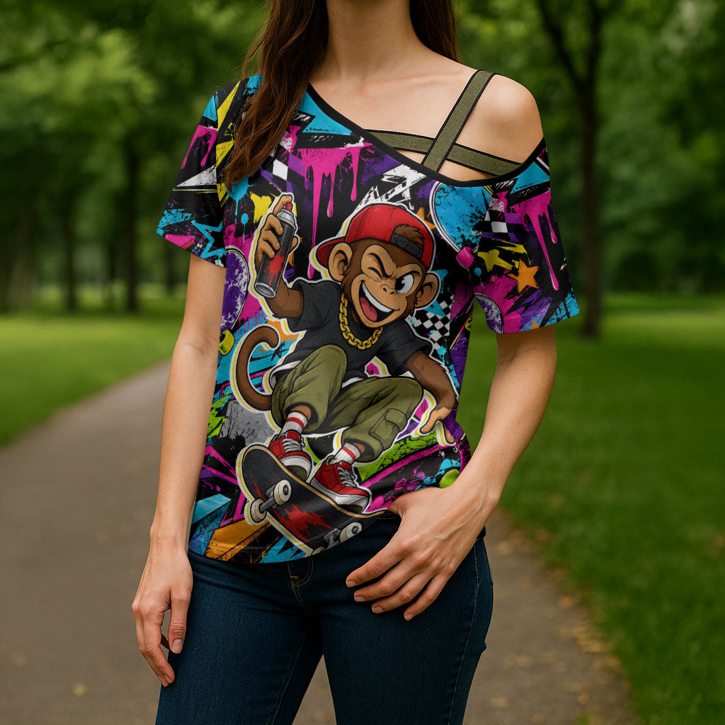 Skateboarding Monkey Cross Shoulder Shirt Neon Graffiti Spray Paint Urban Streetwear Art