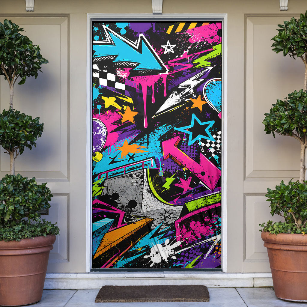 Skateboarding Monkey Door Cover Neon Graffiti Spray Paint Urban Streetwear Art