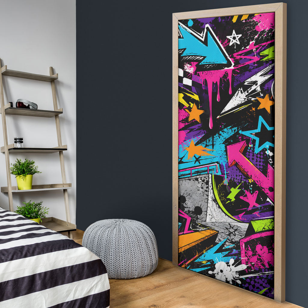 Skateboarding Monkey Door Cover Neon Graffiti Spray Paint Urban Streetwear Art