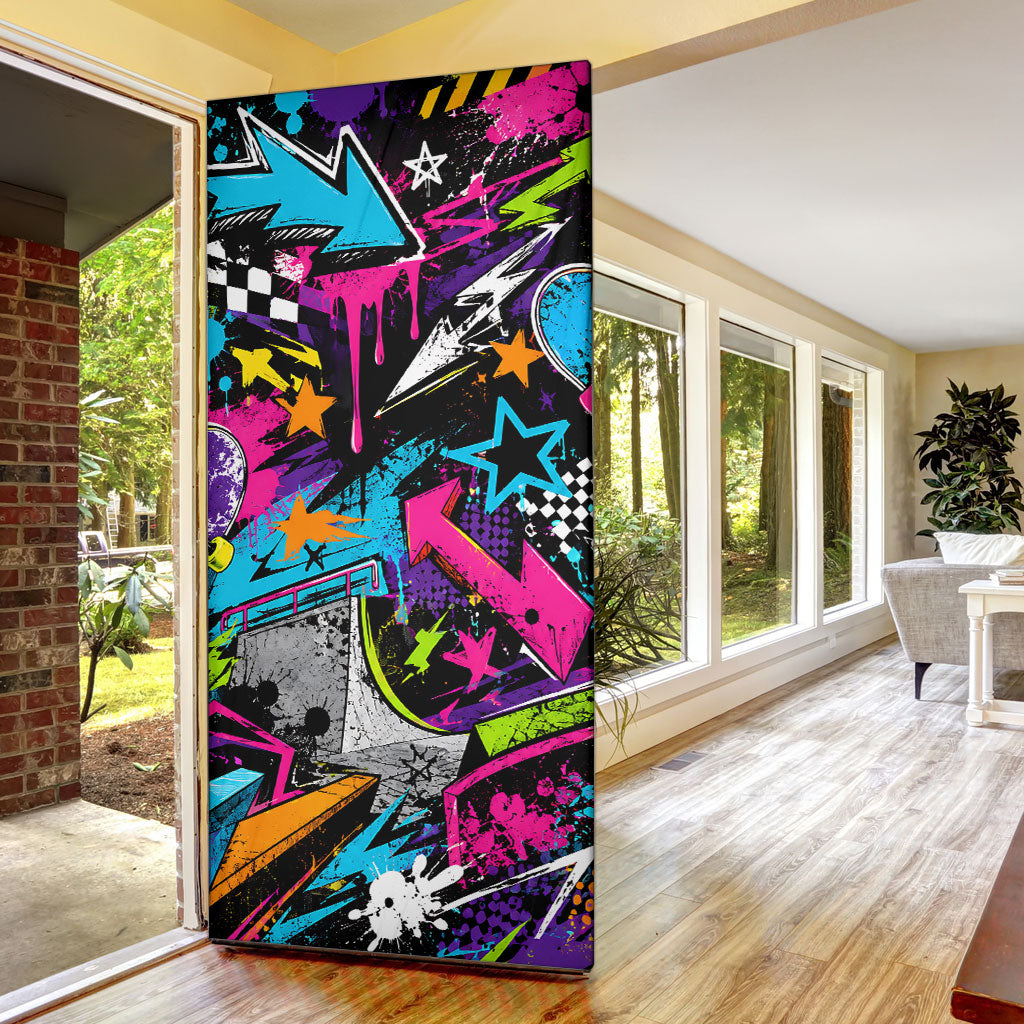 Skateboarding Monkey Door Cover Neon Graffiti Spray Paint Urban Streetwear Art