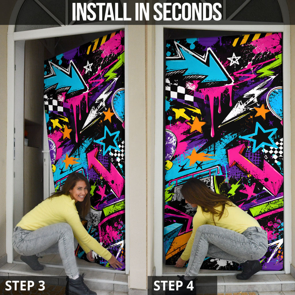 Skateboarding Monkey Door Cover Neon Graffiti Spray Paint Urban Streetwear Art