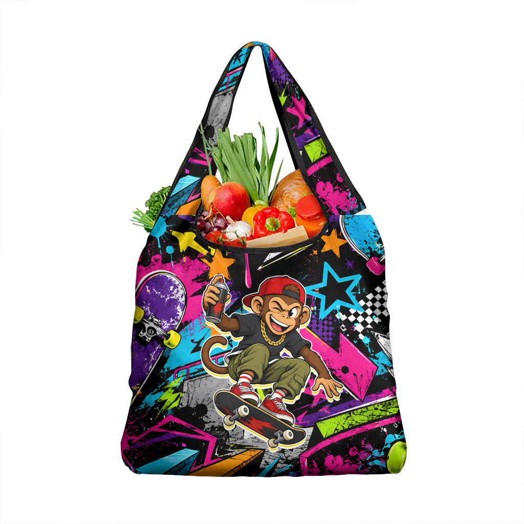 Skateboarding Monkey Grocery Bag Neon Graffiti Spray Paint Urban Streetwear Art