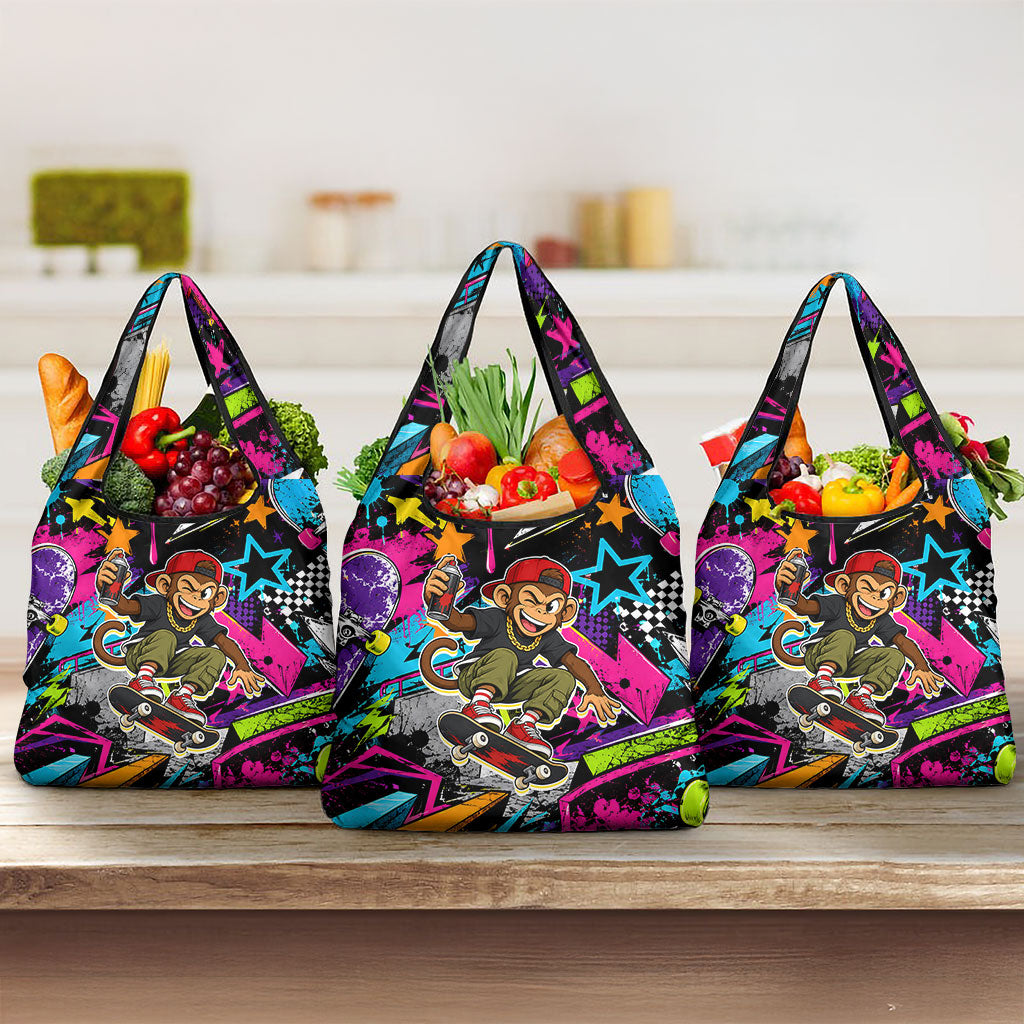 Skateboarding Monkey Grocery Bag Neon Graffiti Spray Paint Urban Streetwear Art