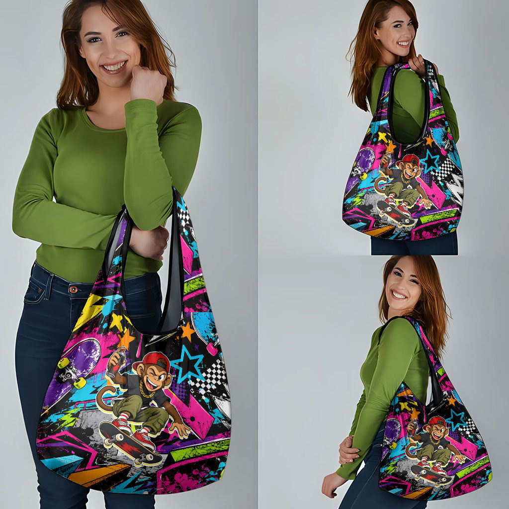 Skateboarding Monkey Grocery Bag Neon Graffiti Spray Paint Urban Streetwear Art