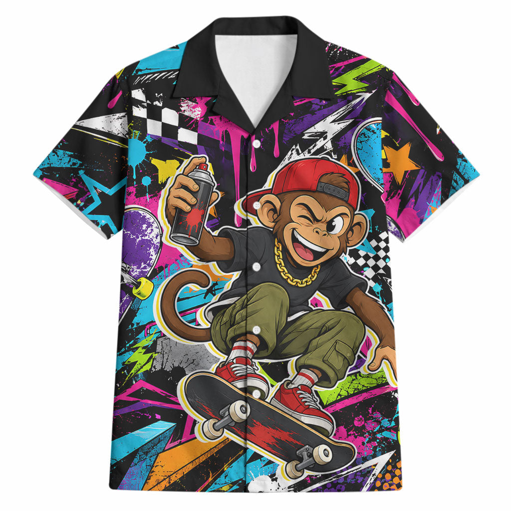 Skateboarding Monkey Hawaiian Shirt Neon Graffiti Spray Paint Urban Streetwear Art