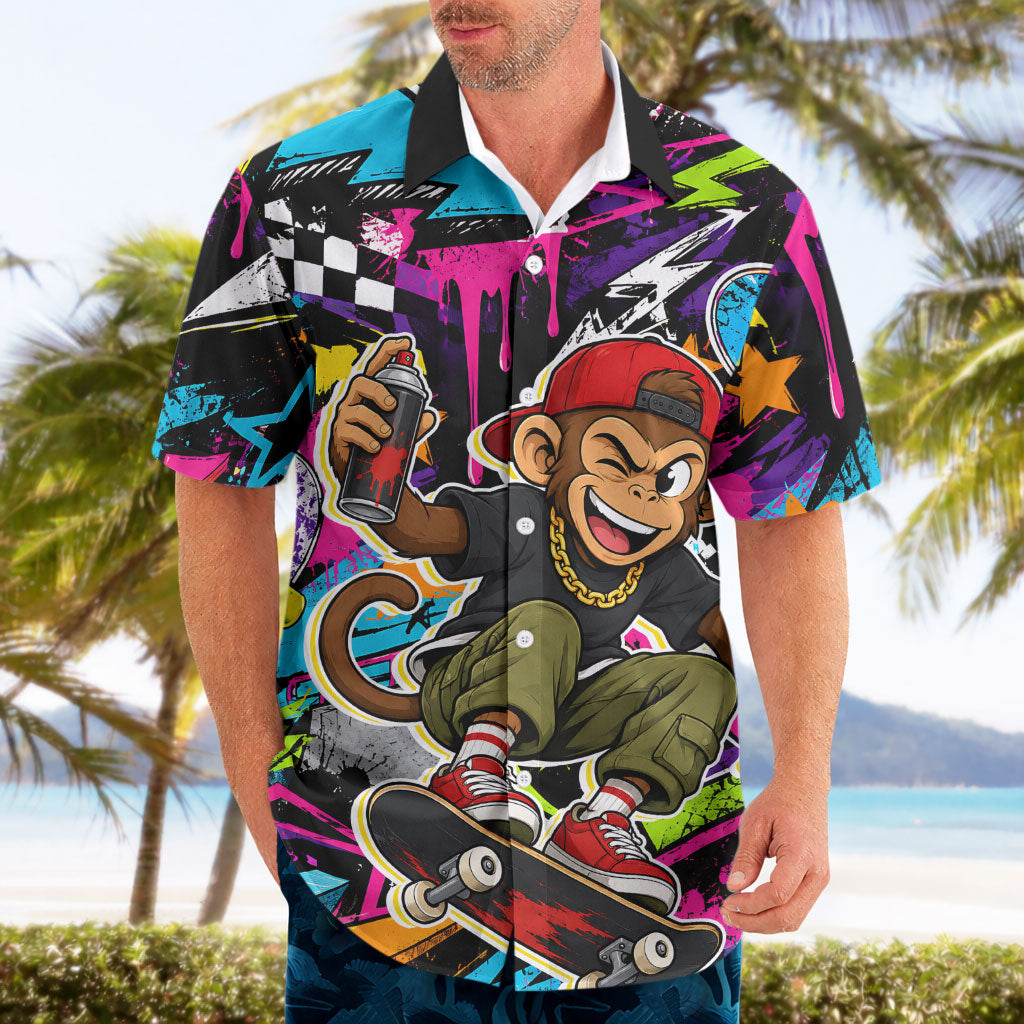 Skateboarding Monkey Hawaiian Shirt Neon Graffiti Spray Paint Urban Streetwear Art