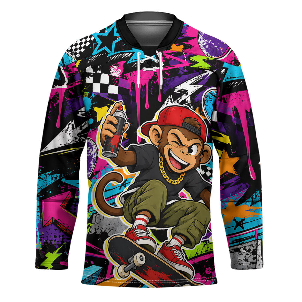 Skateboarding Monkey Hockey Jersey Neon Graffiti Spray Paint Urban Streetwear Art