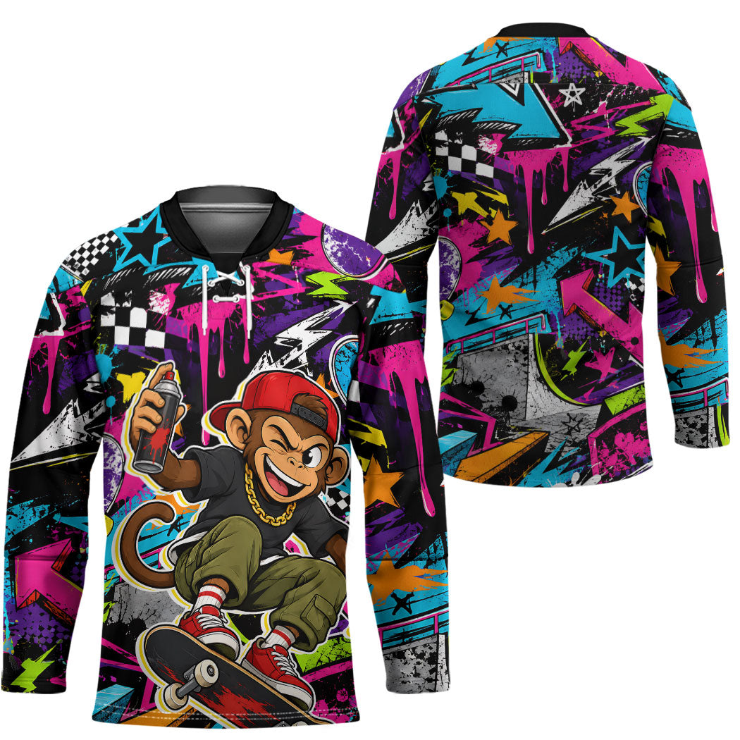Skateboarding Monkey Hockey Jersey Neon Graffiti Spray Paint Urban Streetwear Art