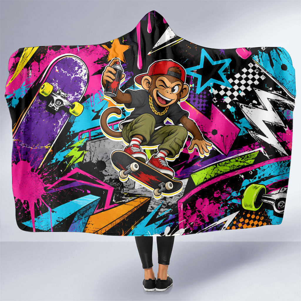 Skateboarding Monkey Hooded Blanket Neon Graffiti Spray Paint Urban Streetwear Art