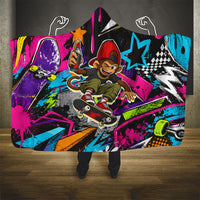 Skateboarding Monkey Hooded Blanket Neon Graffiti Spray Paint Urban Streetwear Art