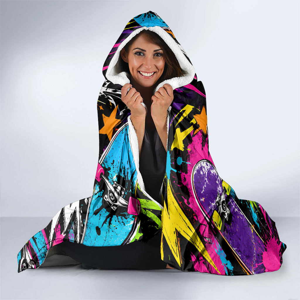 Skateboarding Monkey Hooded Blanket Neon Graffiti Spray Paint Urban Streetwear Art