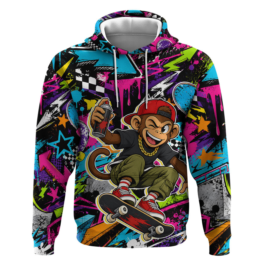 Skateboarding Monkey Hoodie Neon Graffiti Spray Paint Urban Streetwear Art