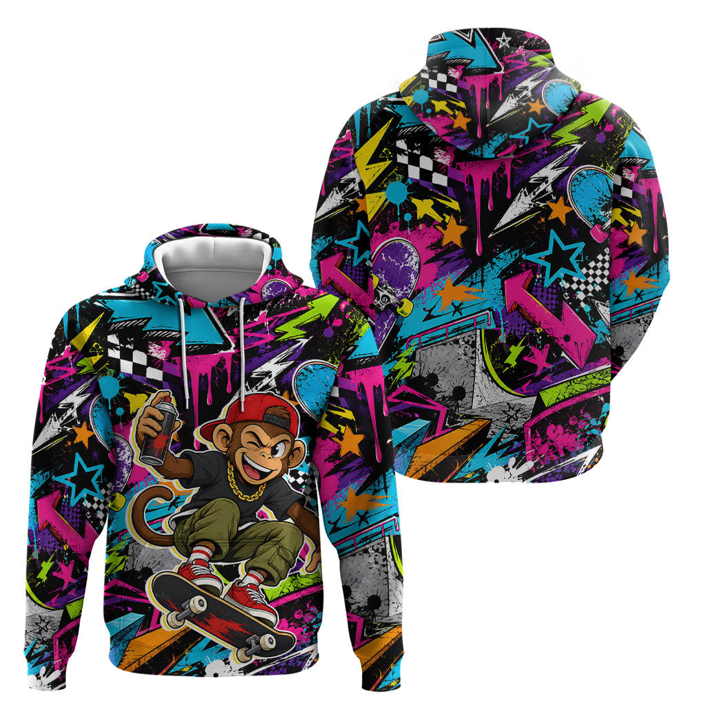 Skateboarding Monkey Hoodie Neon Graffiti Spray Paint Urban Streetwear Art