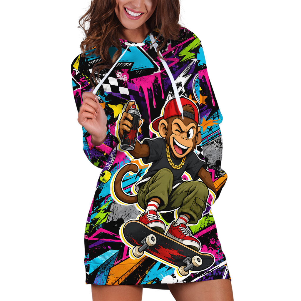Skateboarding Monkey Hoodie Dress Neon Graffiti Spray Paint Urban Streetwear Art