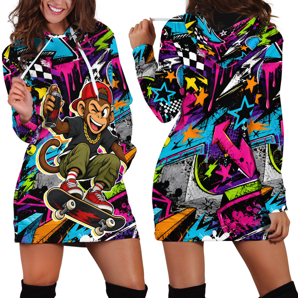 Skateboarding Monkey Hoodie Dress Neon Graffiti Spray Paint Urban Streetwear Art