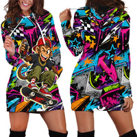 Skateboarding Monkey Hoodie Dress Neon Graffiti Spray Paint Urban Streetwear Art