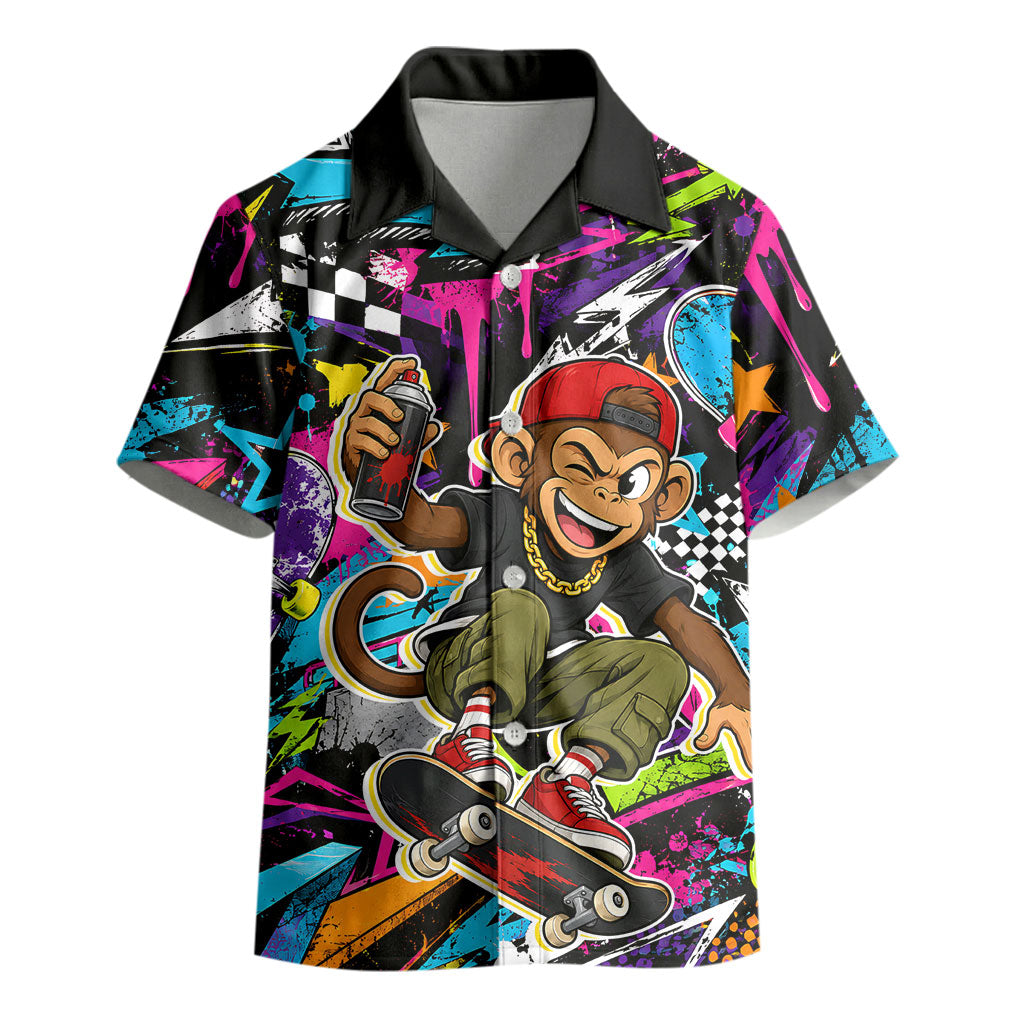 Skateboarding Monkey Kid Hawaiian Shirt Neon Graffiti Spray Paint Urban Streetwear Art