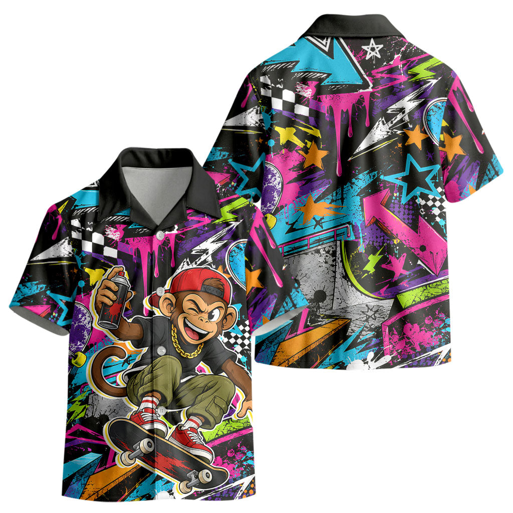 Skateboarding Monkey Kid Hawaiian Shirt Neon Graffiti Spray Paint Urban Streetwear Art
