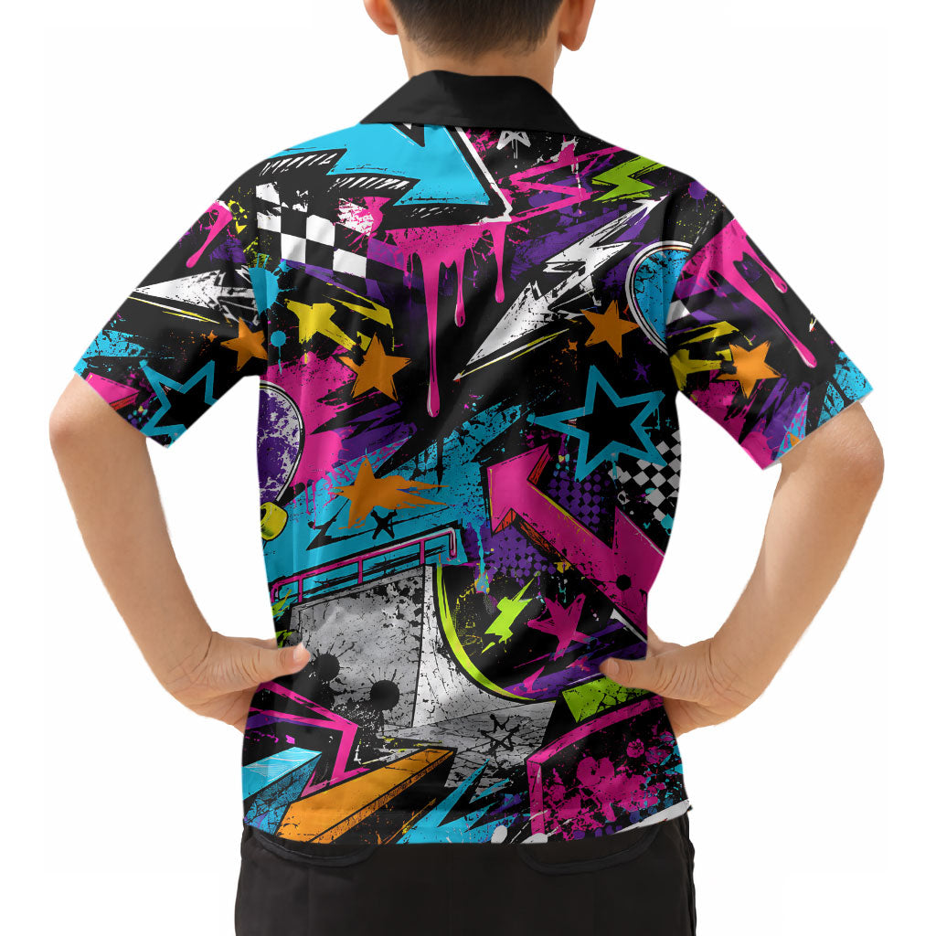 Skateboarding Monkey Kid Hawaiian Shirt Neon Graffiti Spray Paint Urban Streetwear Art