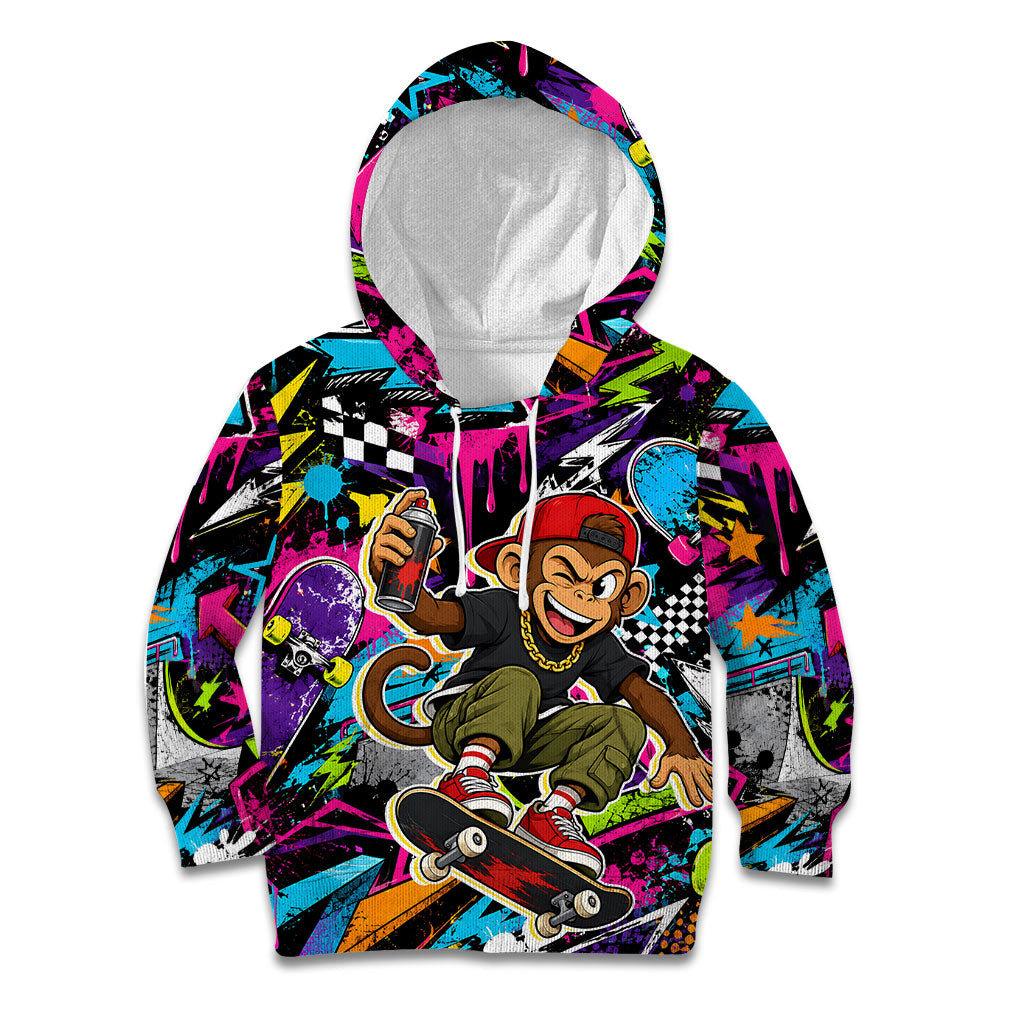 Skateboarding Monkey Kid Hoodie Neon Graffiti Spray Paint Urban Streetwear Art