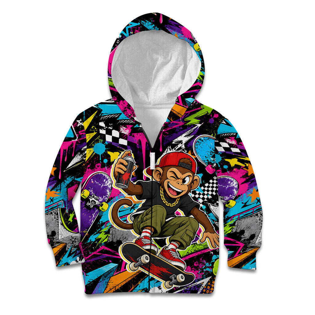 Skateboarding Monkey Kid Hoodie Neon Graffiti Spray Paint Urban Streetwear Art