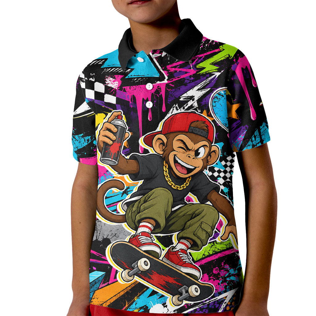 Skateboarding Monkey Kid Polo Shirt Neon Graffiti Spray Paint Urban Streetwear Art