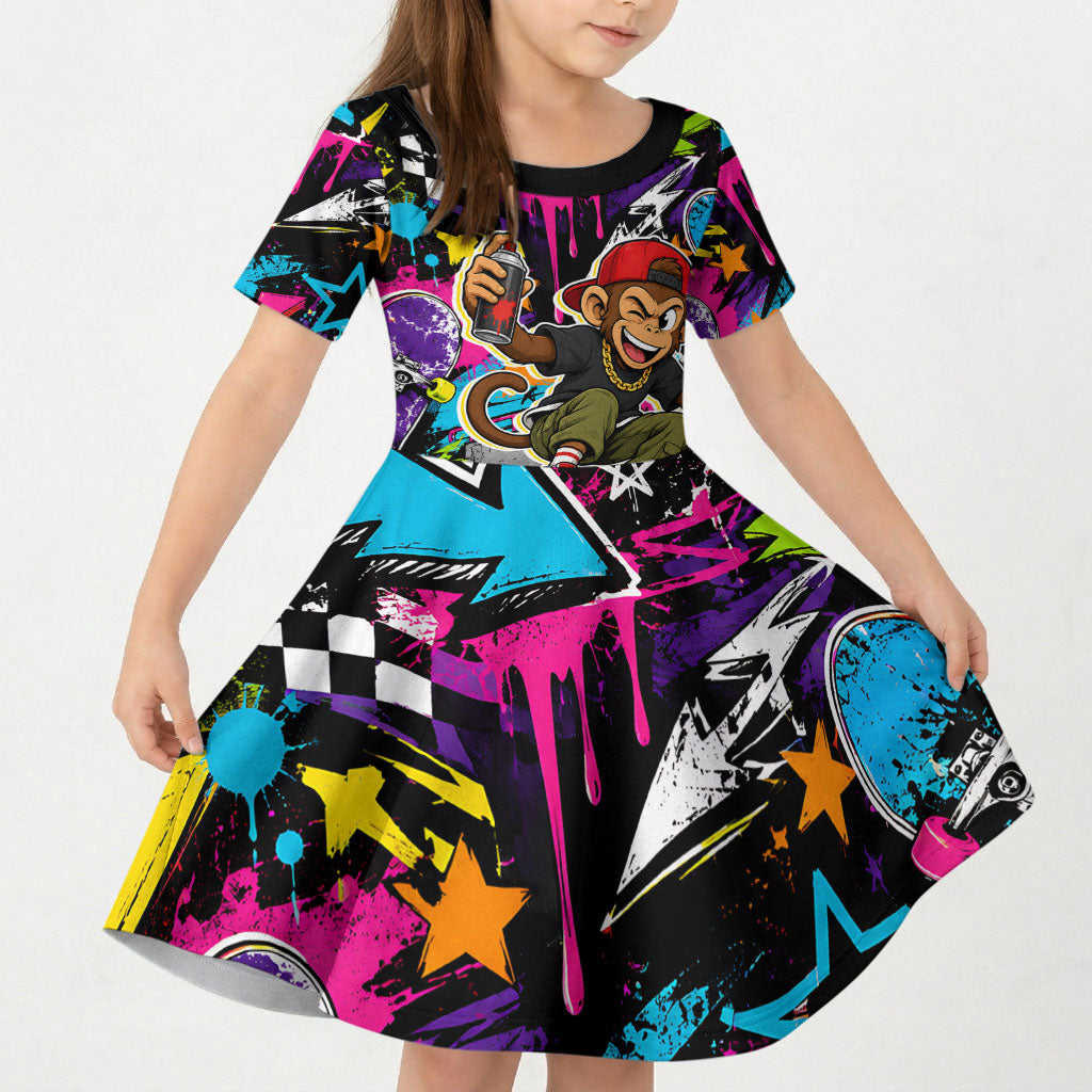Skateboarding Monkey Kid Short Sleeve Dress Neon Graffiti Spray Paint Urban Streetwear Art