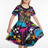 Skateboarding Monkey Kid Short Sleeve Dress Neon Graffiti Spray Paint Urban Streetwear Art
