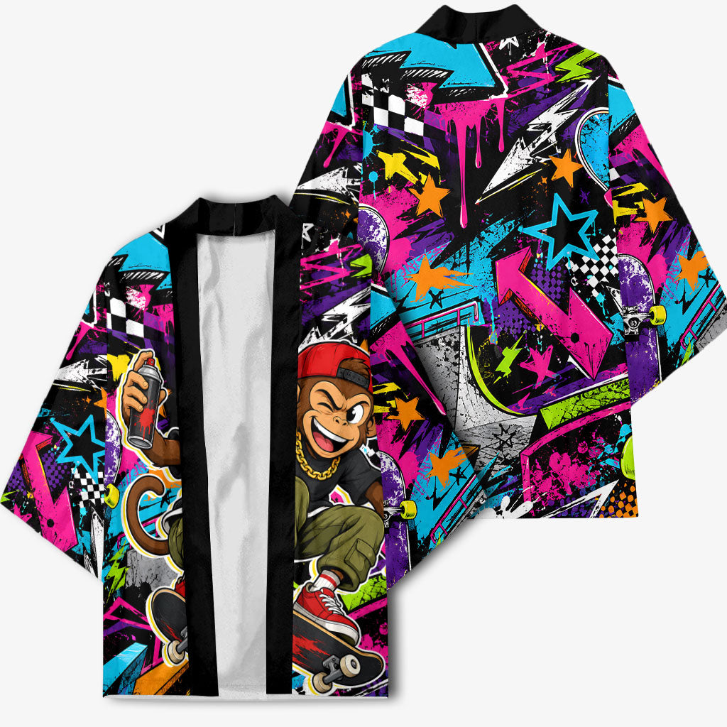 Skateboarding Monkey Kimono Neon Graffiti Spray Paint Urban Streetwear Art