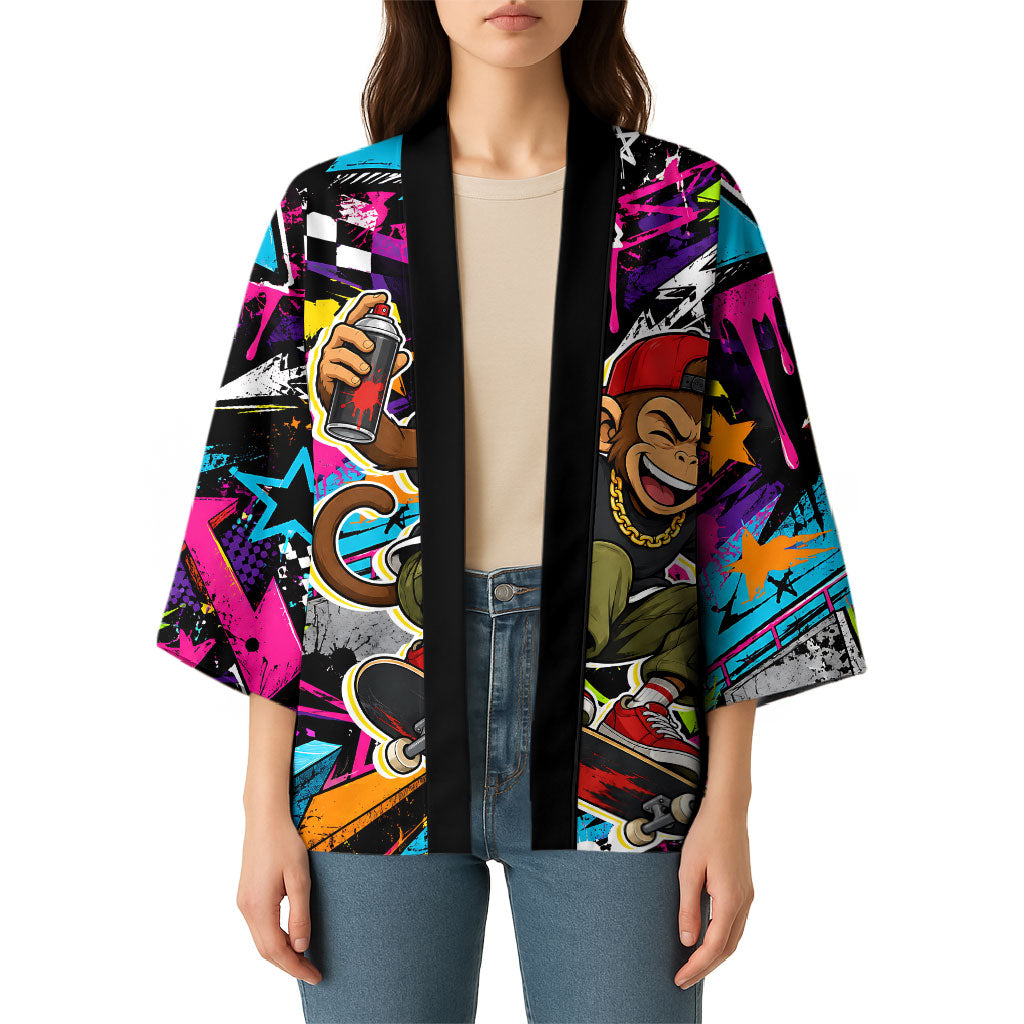 Skateboarding Monkey Kimono Neon Graffiti Spray Paint Urban Streetwear Art