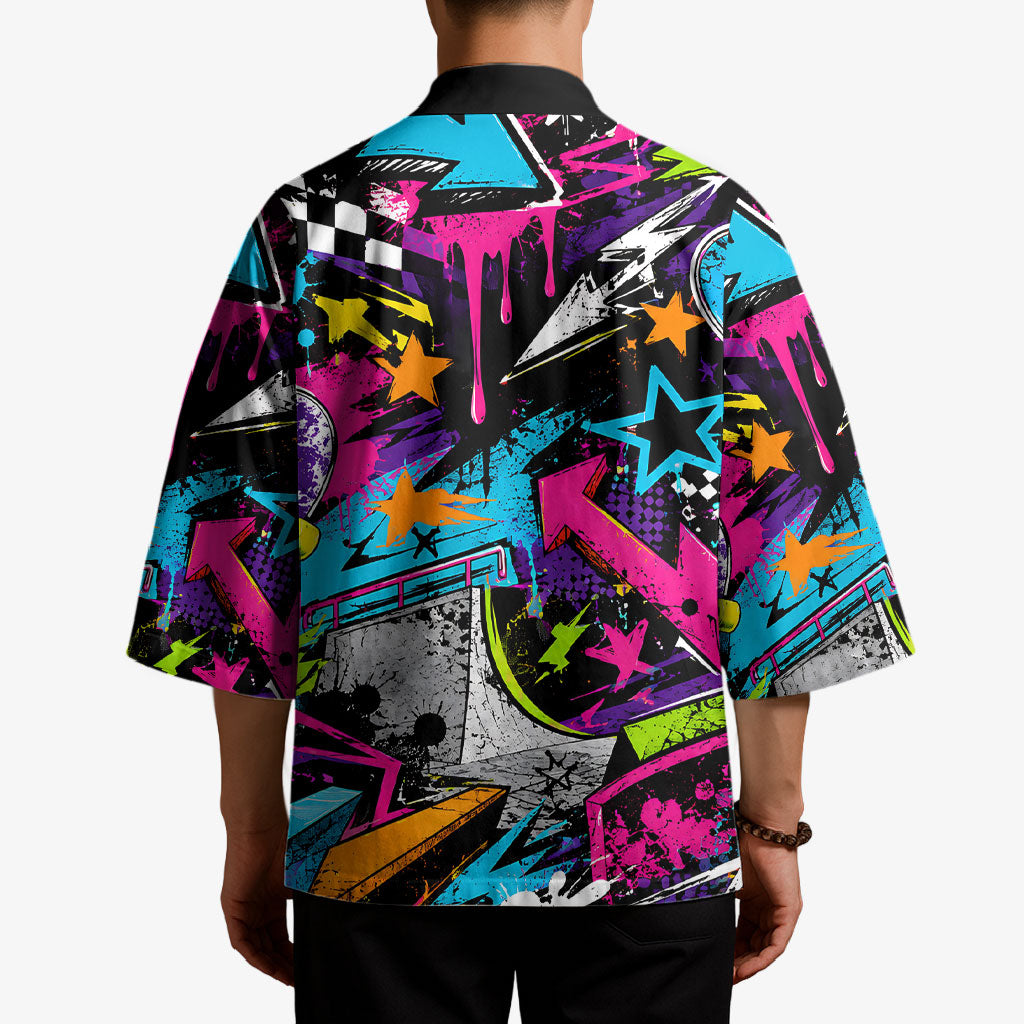 Skateboarding Monkey Kimono Neon Graffiti Spray Paint Urban Streetwear Art