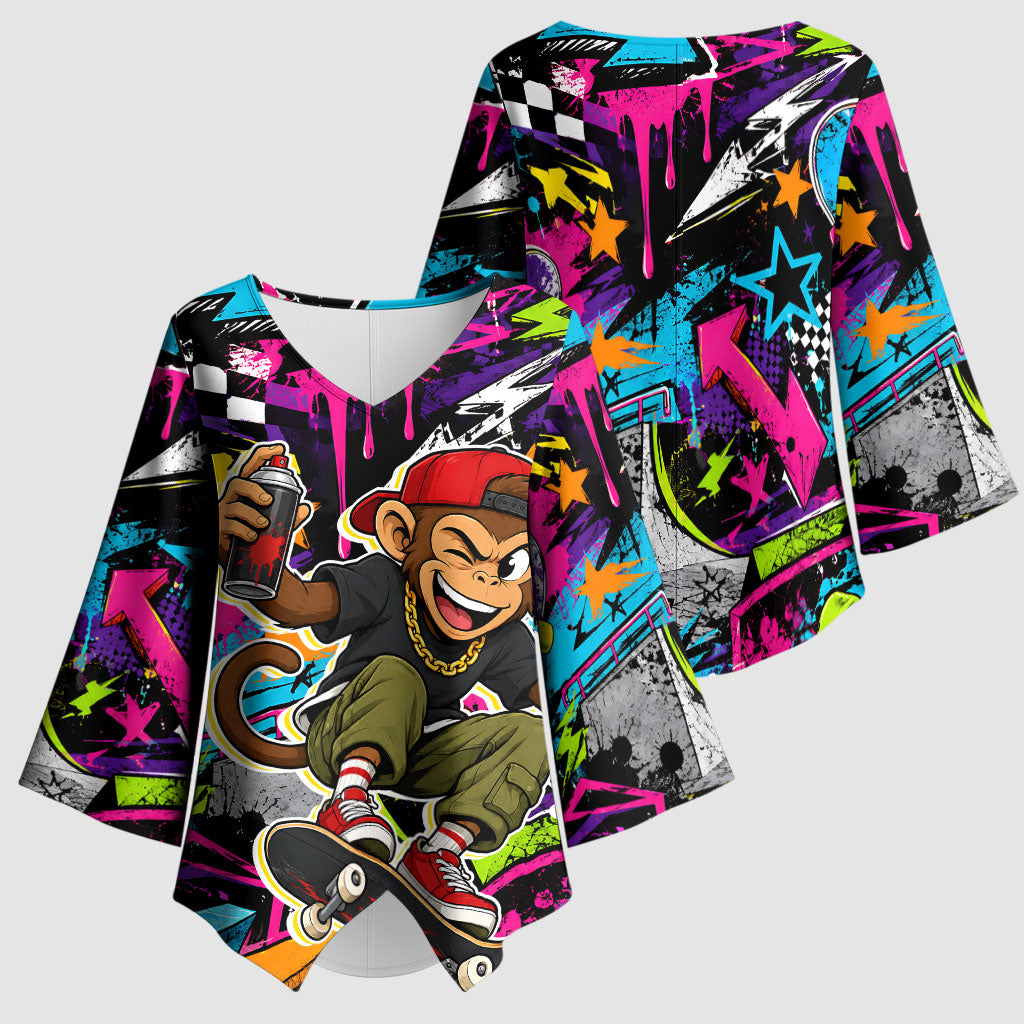 Skateboarding Monkey Kimono Sleeve Blouse Neon Graffiti Spray Paint Urban Streetwear Art